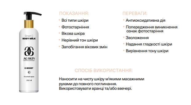 Молочко для увлажнения и сияния кожи AG SKIN C-boost Smart C body milk, 250 мл