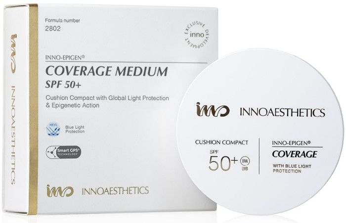Компактна тональна основа у форматі кушона EPIGEN COVERAGE Light UVP 50+, INNOAESTHETICS, 14g