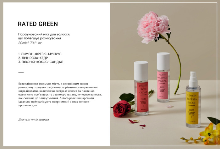 Парфюмированный мист для волос 2 (личи-роза-кедр) Rated Green Detangling Perfume Hair Mist-2 Lychee-Rose-Cedar, 80 мл
